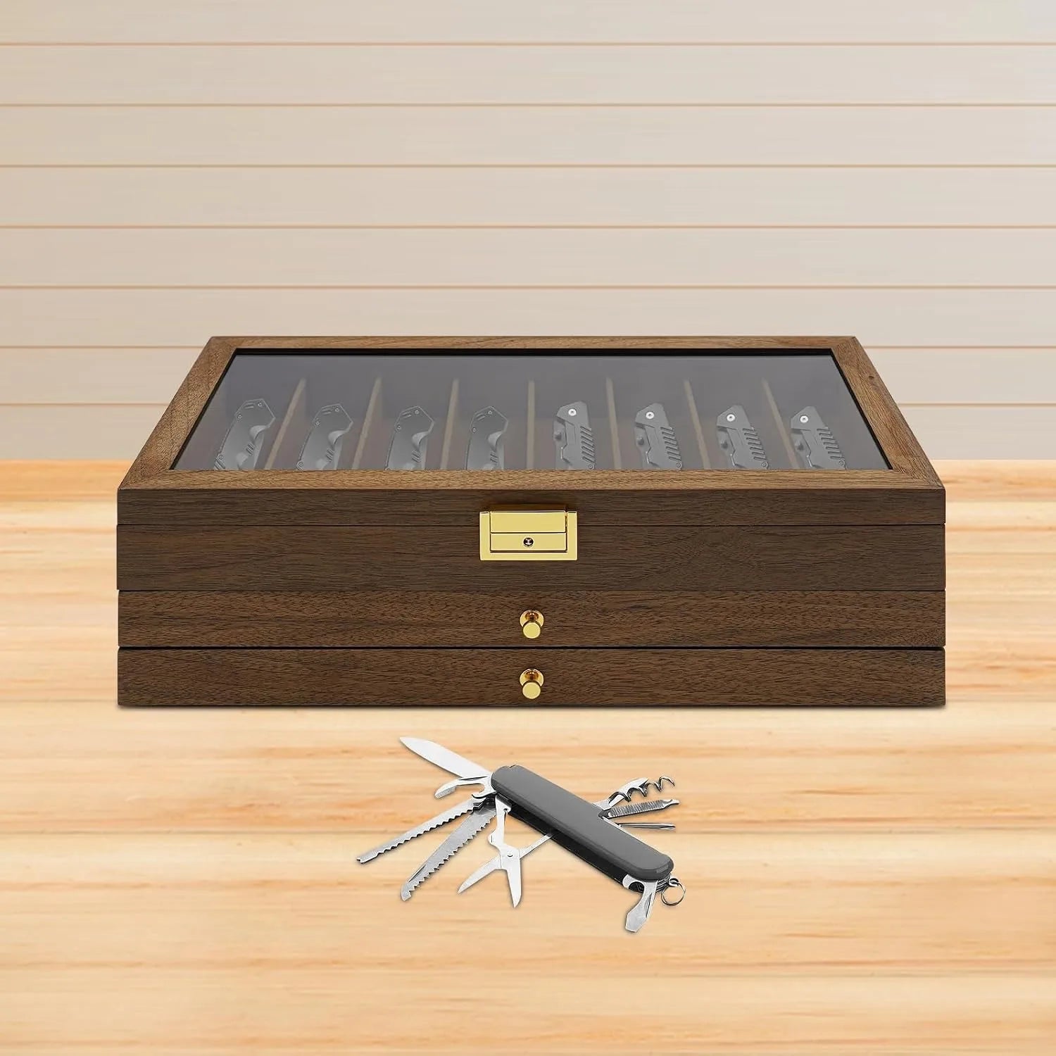 3-Layer Pocket Knife Display Case, 22 Slot Lockable Knife Storage Box with Clear Glass Lid, Wooden Collector  Knives - Walnut Color