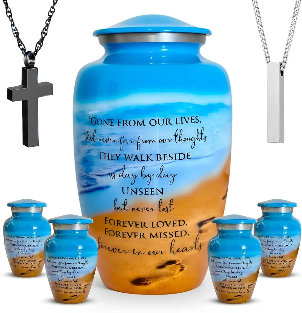 Eco-Friendly Ocean Blue Cremation Urn for Ashes for Humans with 1 Lg Urn (220 lbs), 4 Sm Urns & 2 Ash Pendants