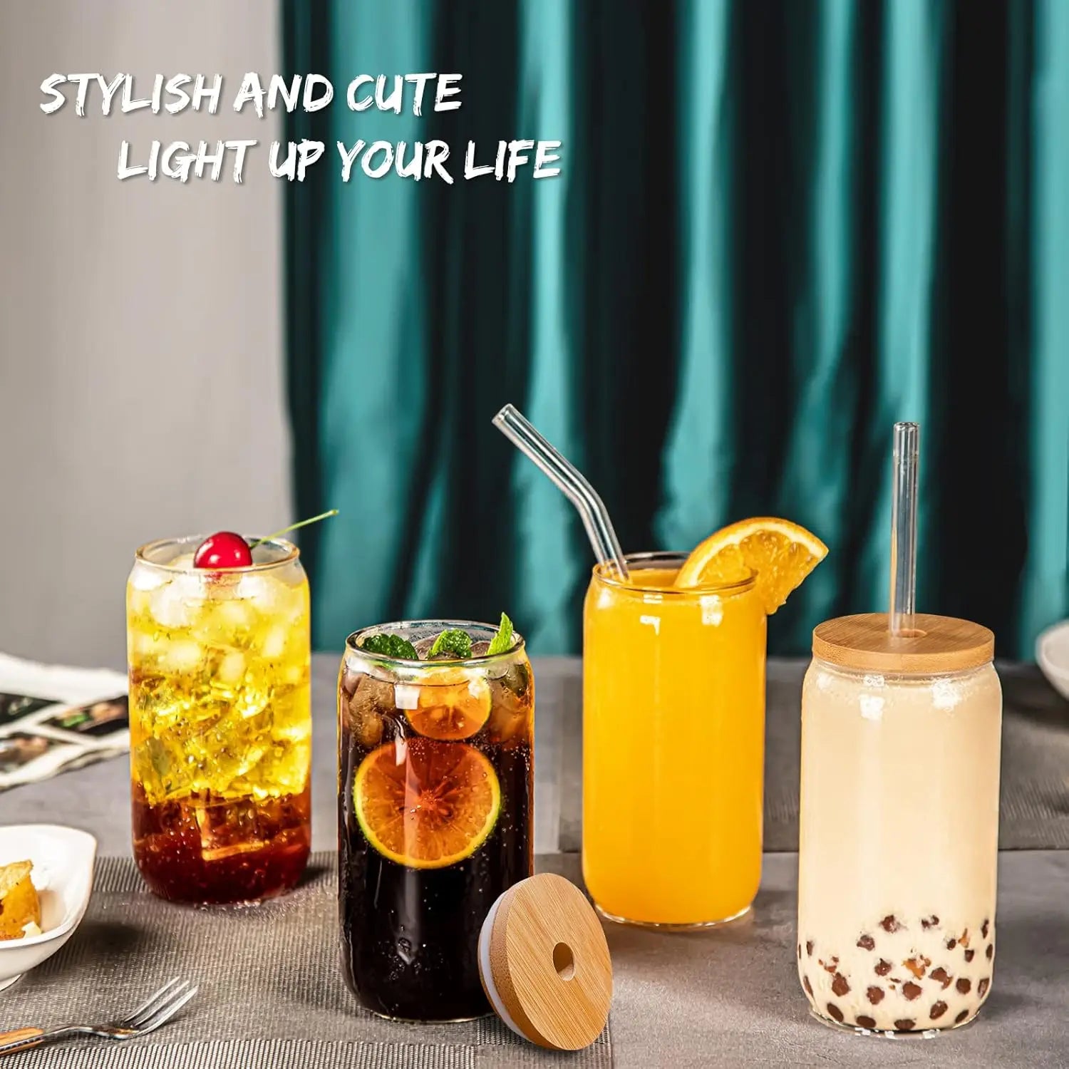 16 Oz  8 Pc Set Glass Cups with Bamboo Lids and Straws - 2 Cleaning Brushes