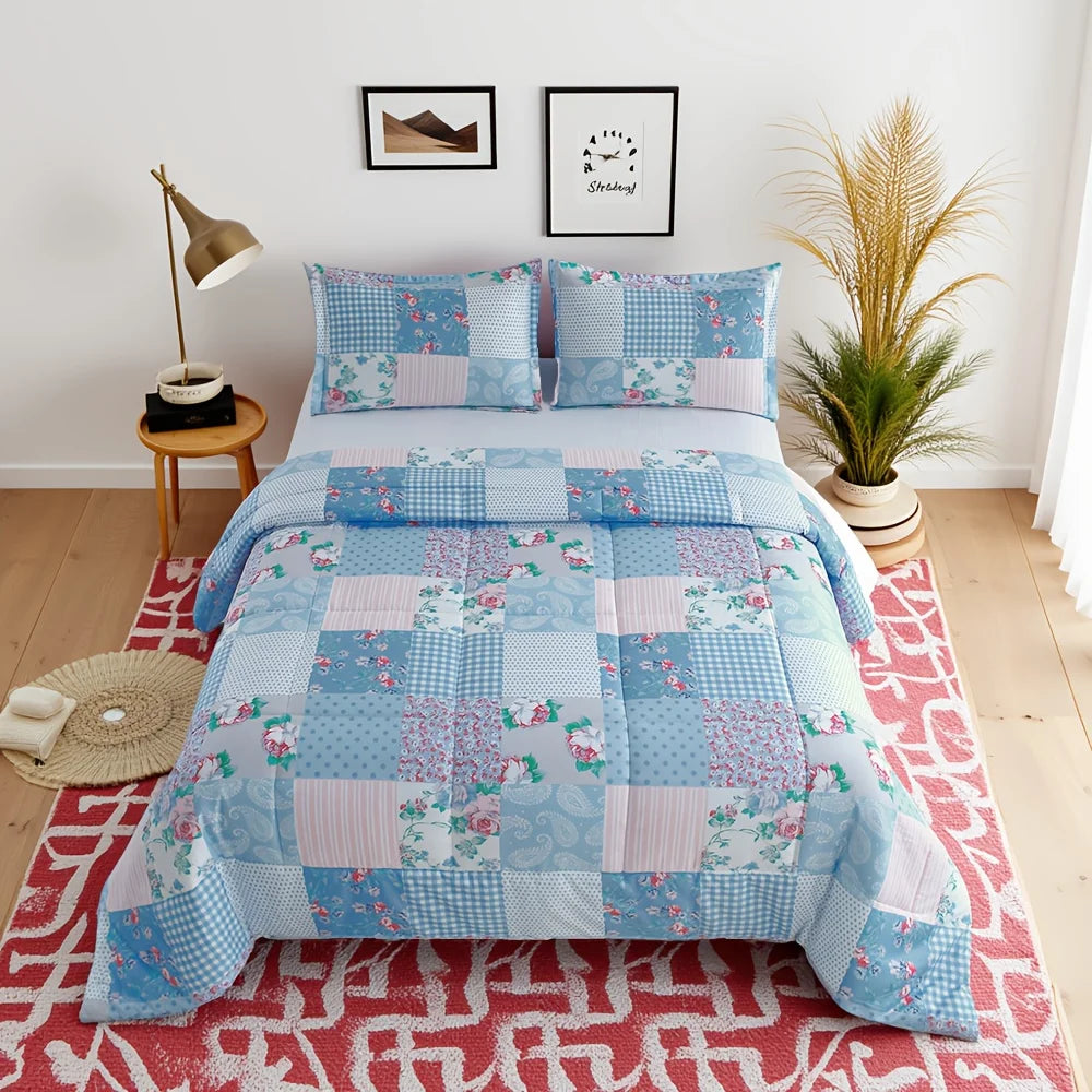 2/3pcs Luxury Comforter Set, Blue Checkered Floral Design, Lightweight Quilt Set  Includes 2 cases