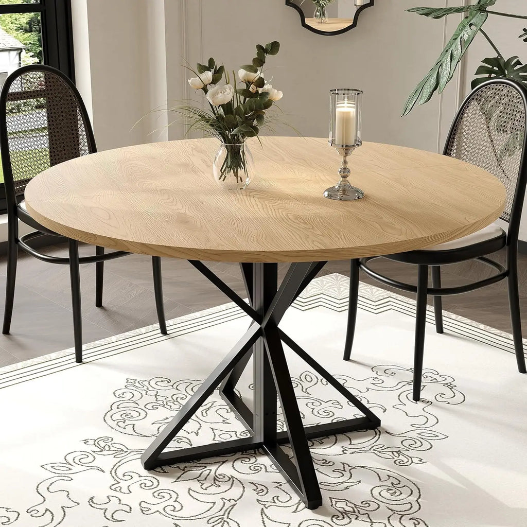 47" Round Dining Table for 4, Wood Top & Heavy-Duty Metal Pedestal