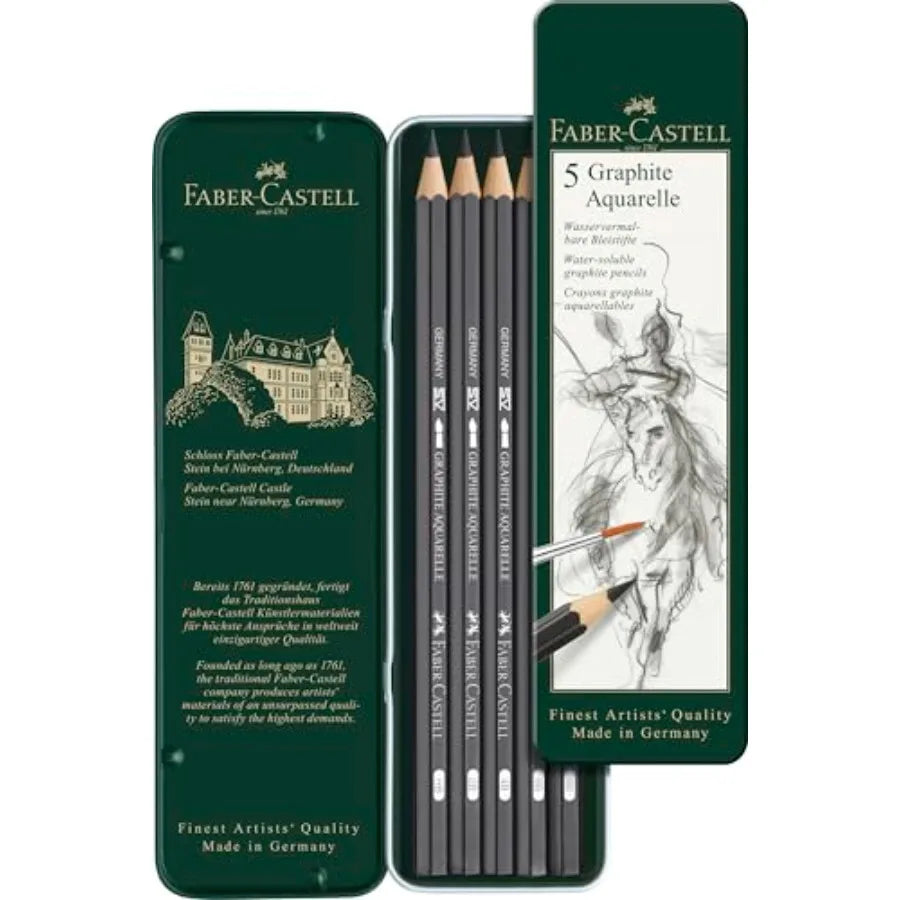 5 Piece Quality Water-Soluble Graphite Aquarelle Pencils in a Tin, Including HB, 2B, 4B, 6B and 8B, Grey
