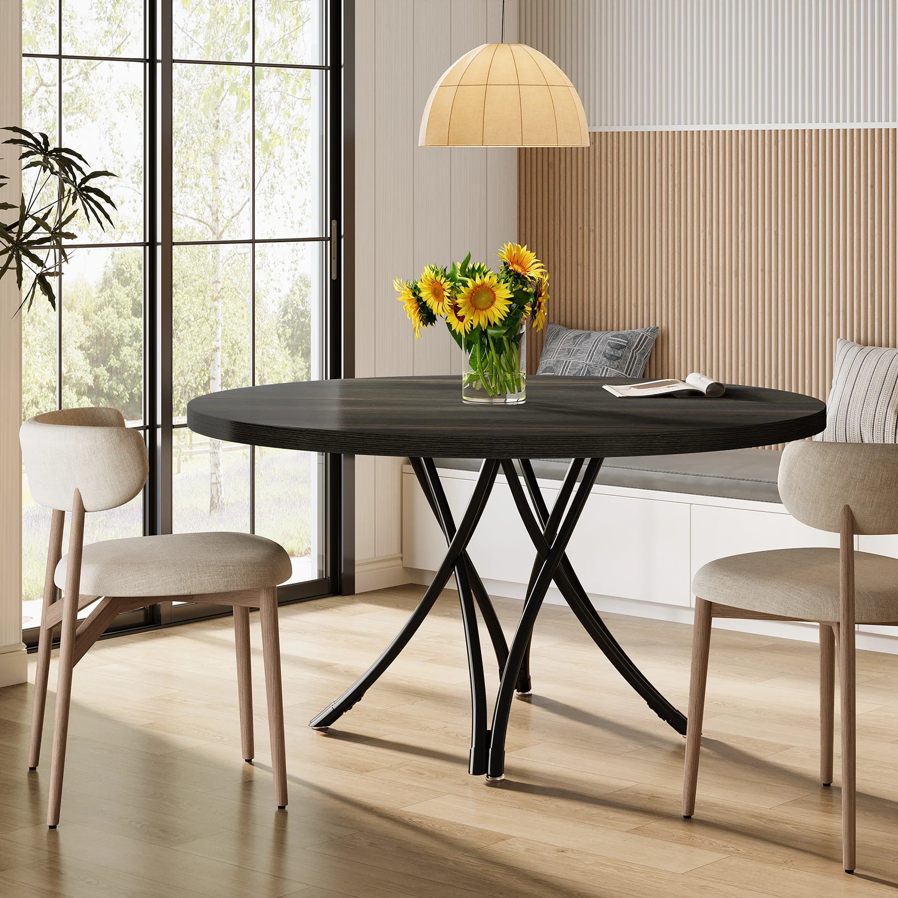 Round Dining Table, 47-Inch Wood Large Farmhouse and Modern Kitchen Table for 4-6 People with Gray Frame