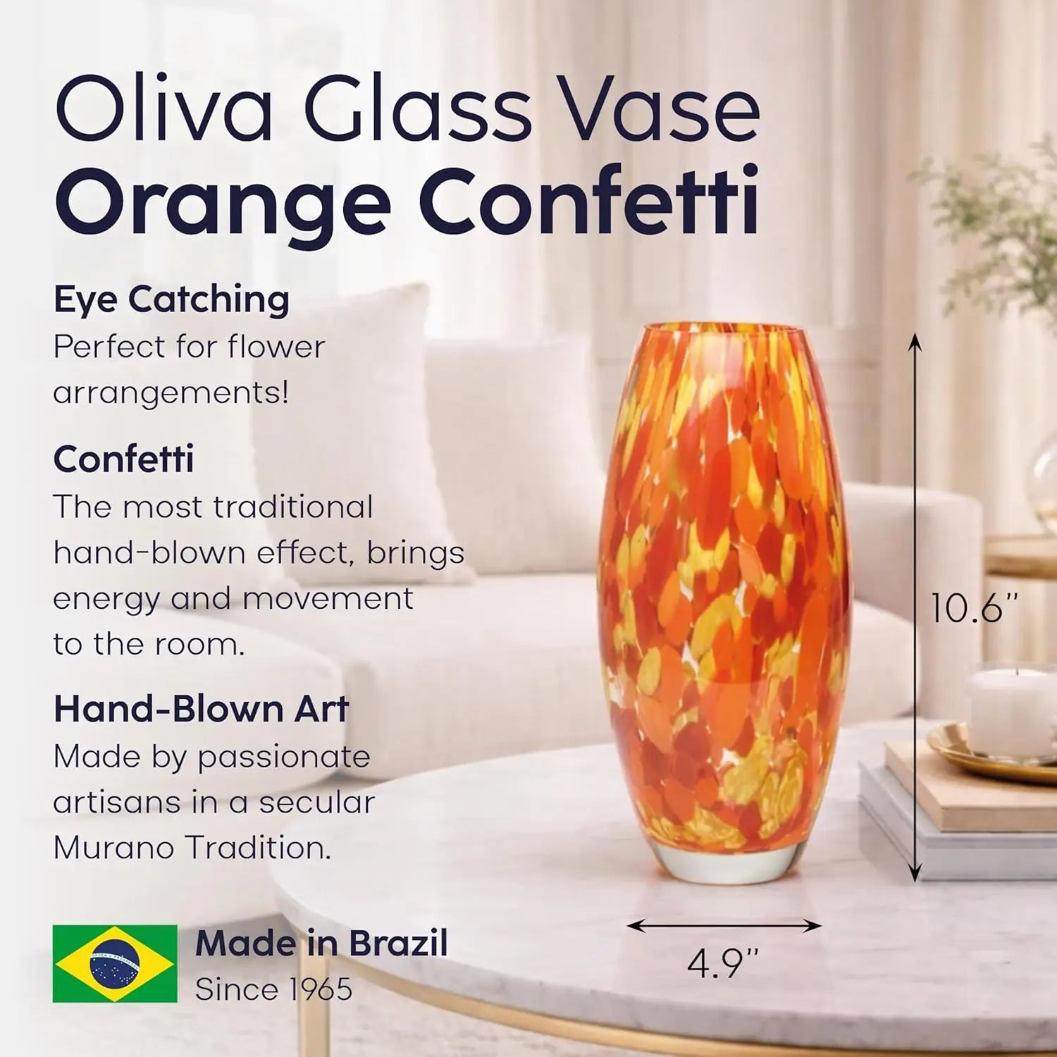 Hand Blown Orange Yellow Confetti Art Glass Vase Murano Style For Flower Decor
