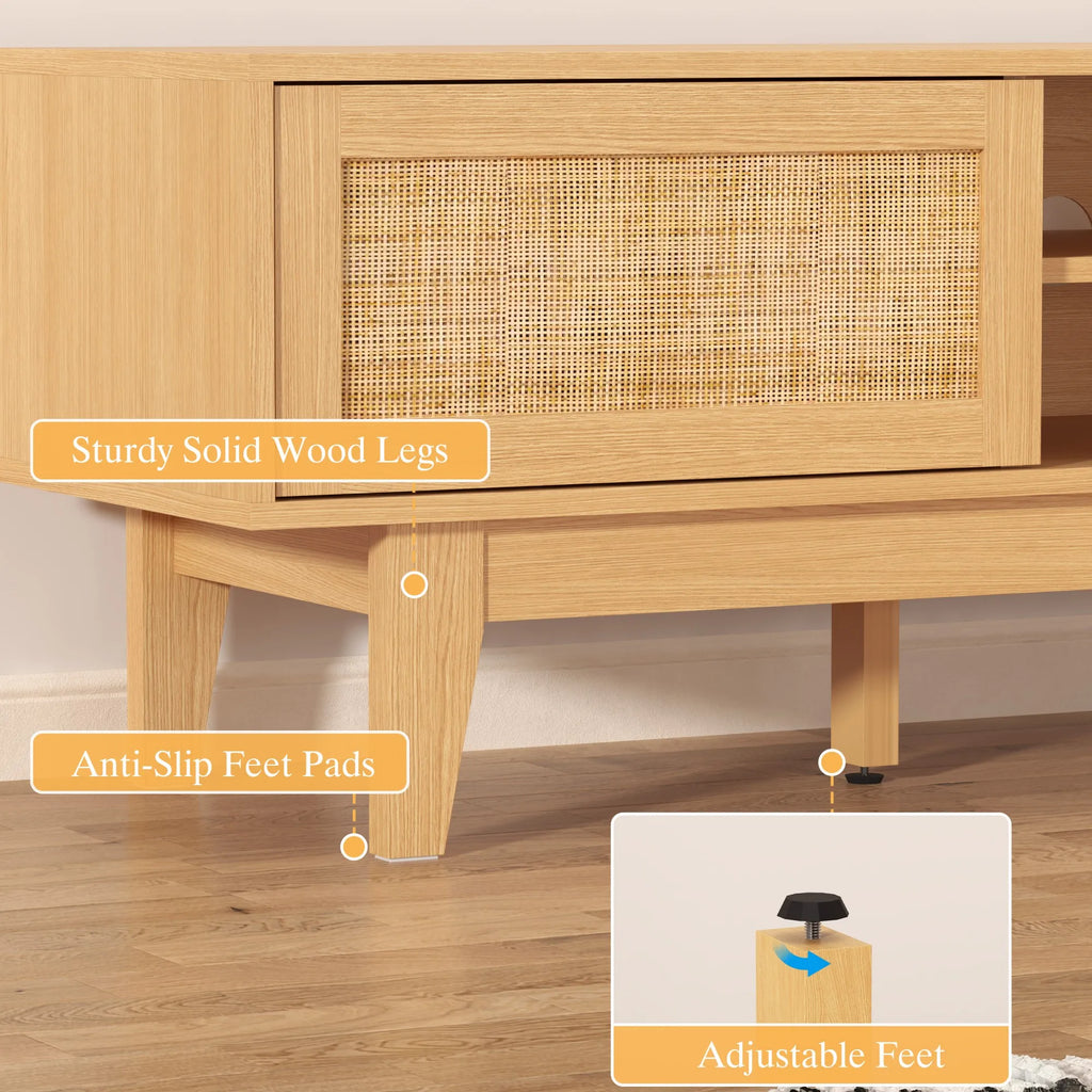 Boho TV Stand for 55 65 Inch TV, Rattan Entertainment Center with Shelves, Cabinets and Sliding Doors, cord holes