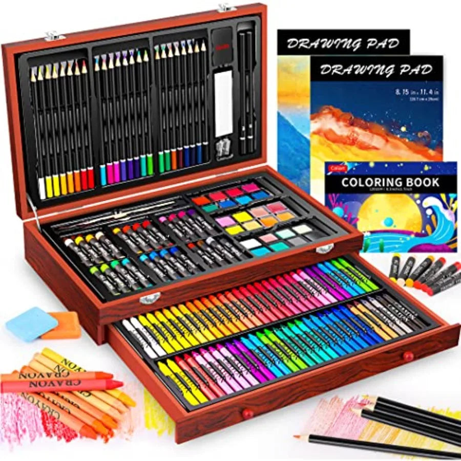 153-Pack Deluxe Art Set in Wooden Case, Drawing Painting  2 A4 Sketch Pads, Coloring Book