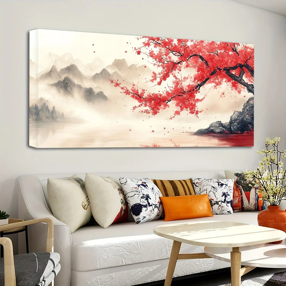 1.5 inch thick pine solid wood frame, Chinese "pink plum" mural landscape