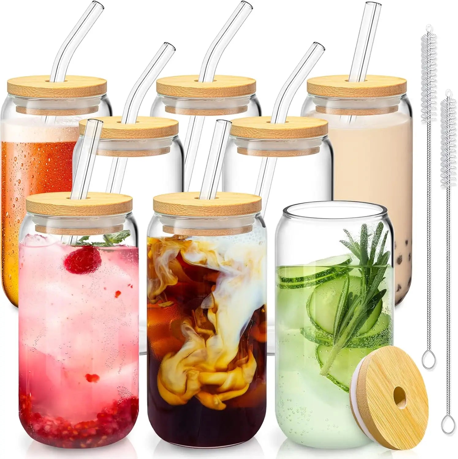 16 Oz  8 Pc Set Glass Cups with Bamboo Lids and Straws - 2 Cleaning Brushes