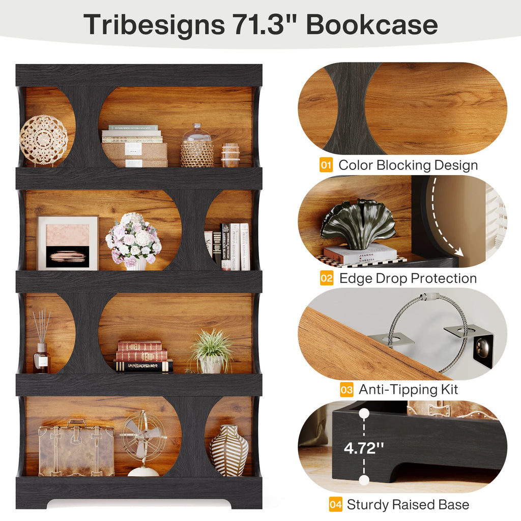 71" Tall 4 Tier S Shaped Bookcase Wood Decorative Storage Shelving, Modern Freestanding Display Shelves