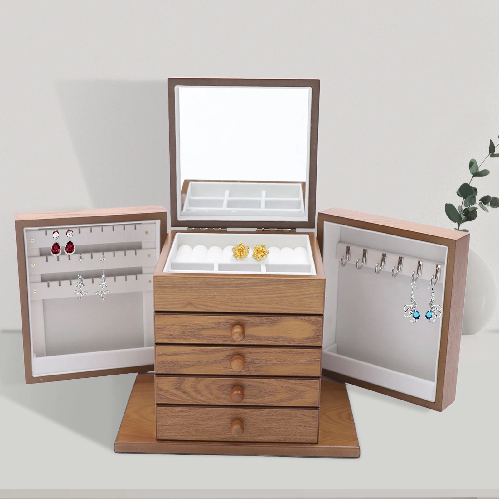 5-tier Wooden Jewelry Box w/ Drawers Mirror Rings, Earrings, Necklaces, Bracelets