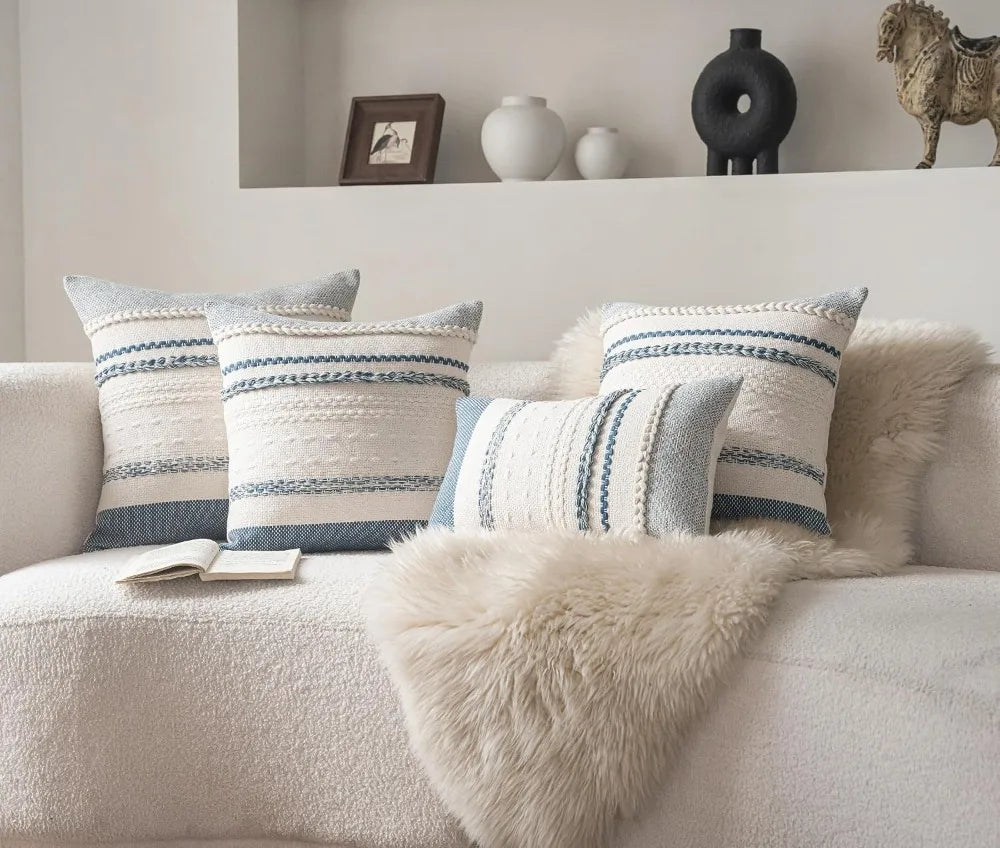 Blue Boho Throw Pillow Covers 18x18 Inch Set of 2, Textured Decorative Couch Cushion Cases for Farmhouse Home Decor