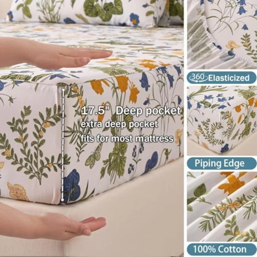 Yellow/blue Floral Bed Sheets Set Size 100% Percale Cotton