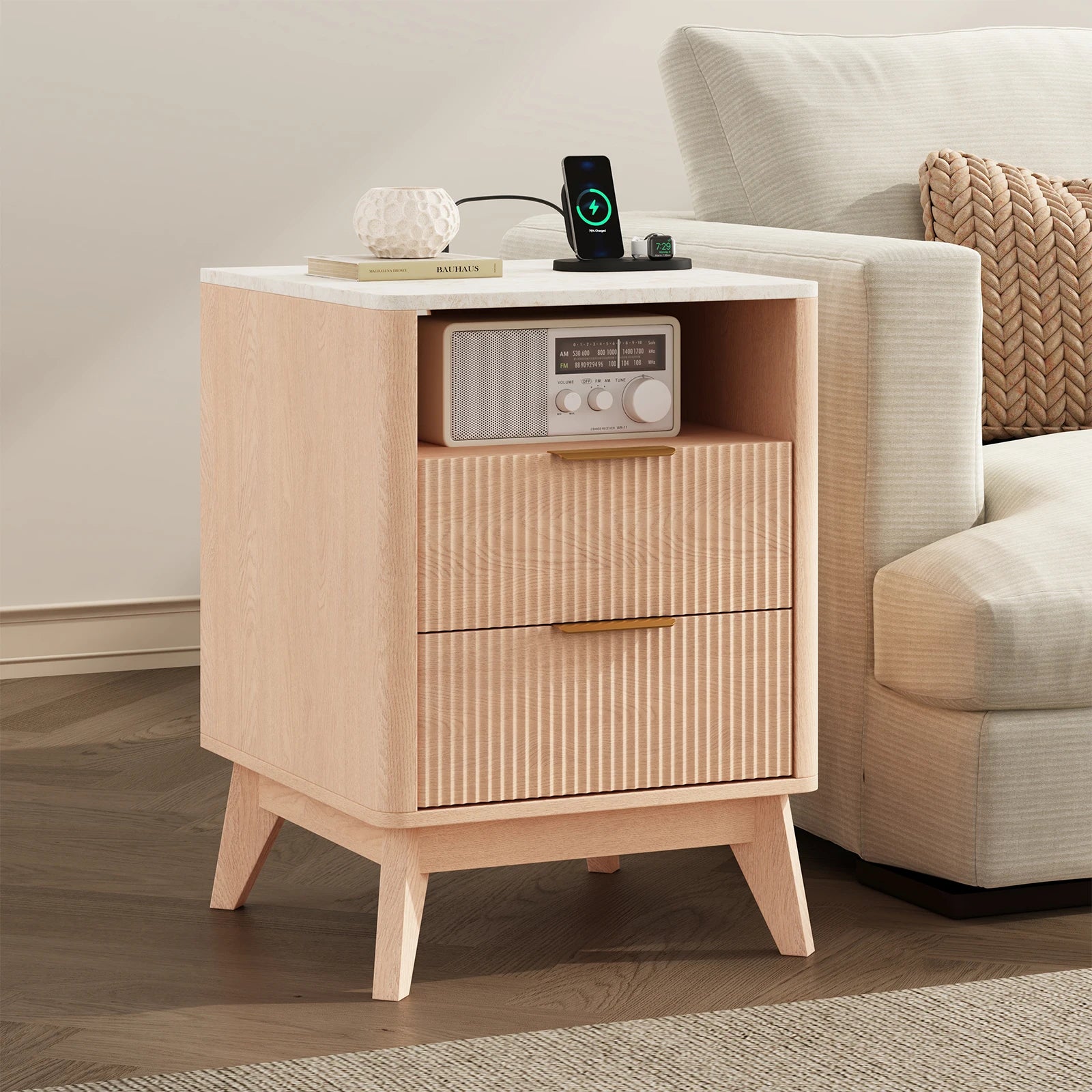 18IN 2 Drawers Wooden Nightstand with Charging Station Bedside Table with with Faux Marble Top Mid-Century Modern