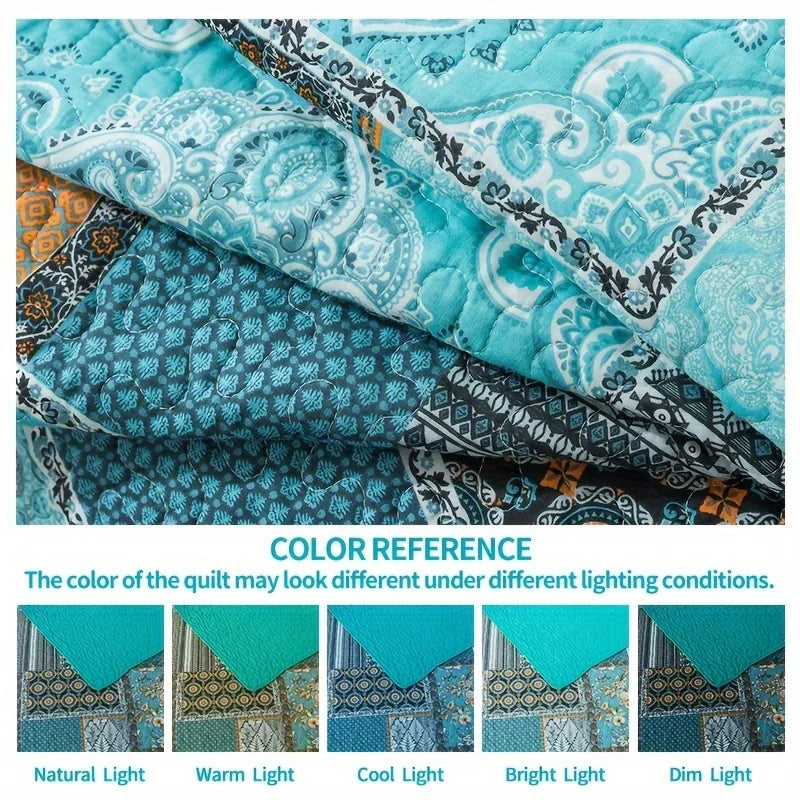 Lightweight Teal Cotton Quilt Comforter Set, Consisting of 3pcs Including 2 Pillowcases