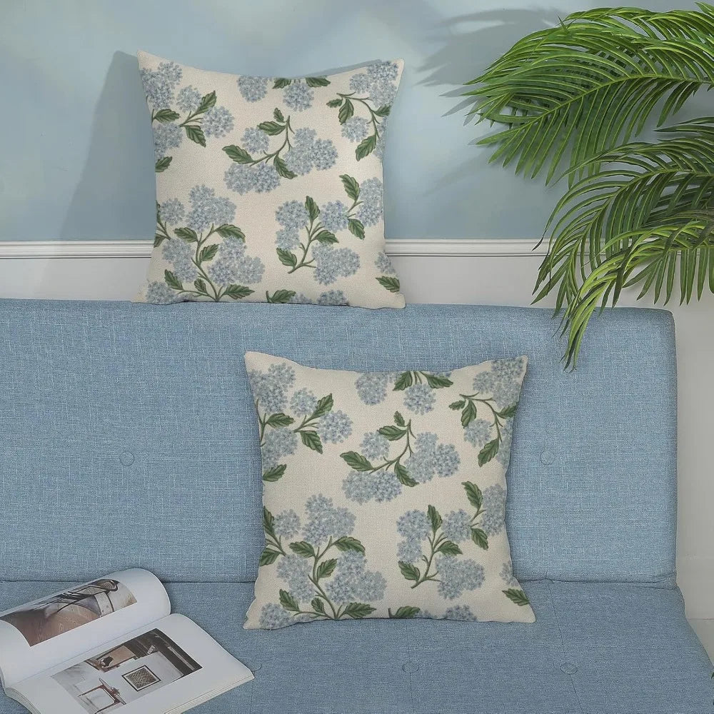 2 pk 18x18 Hydrangea Floral Pillow Covers Blue Green Linen