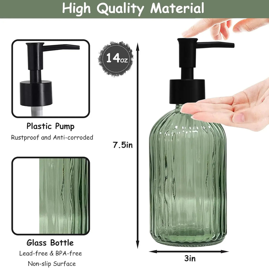 Green Glass Soap Dispenser Set with Black Pump, 13.5oz Refillable 2 pack