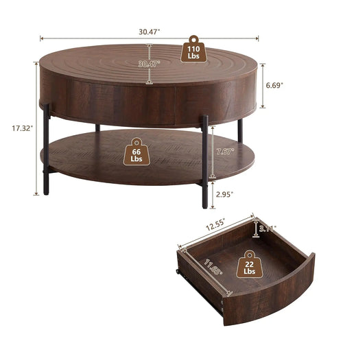 2-Tier Rustic Circle Table with Storage Shelf