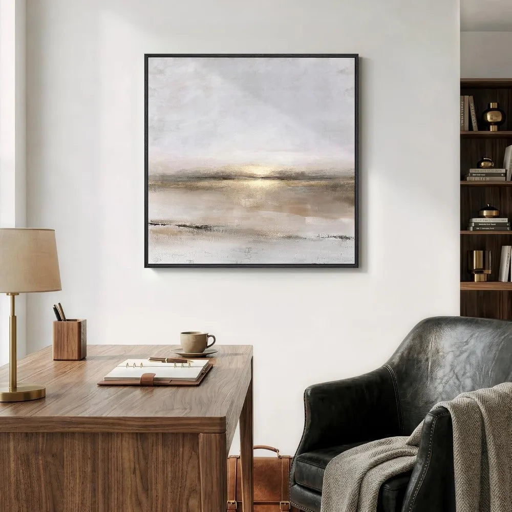 Modern Abstract Landscape Wall Art, Gray Black Gold Framed Canvas Print 30x30 In