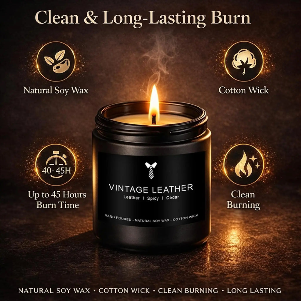 4-Pack Masculine Soy Candles for Men: Leather, Smoke, Oak & Lavender - 200hr Burn Time