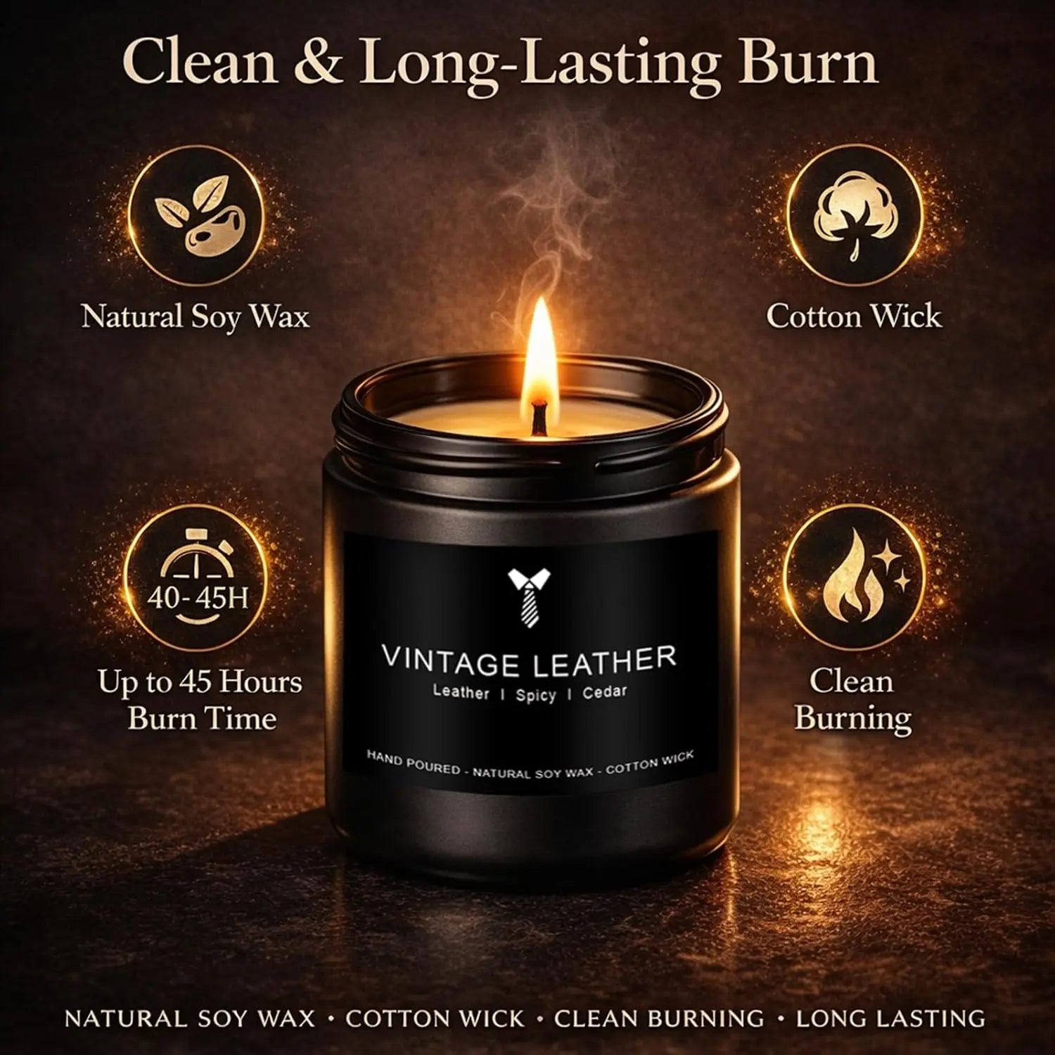 4-Pack Masculine Soy Candles for Men: Leather, Smoke, Oak & Lavender - 200hr Burn Time