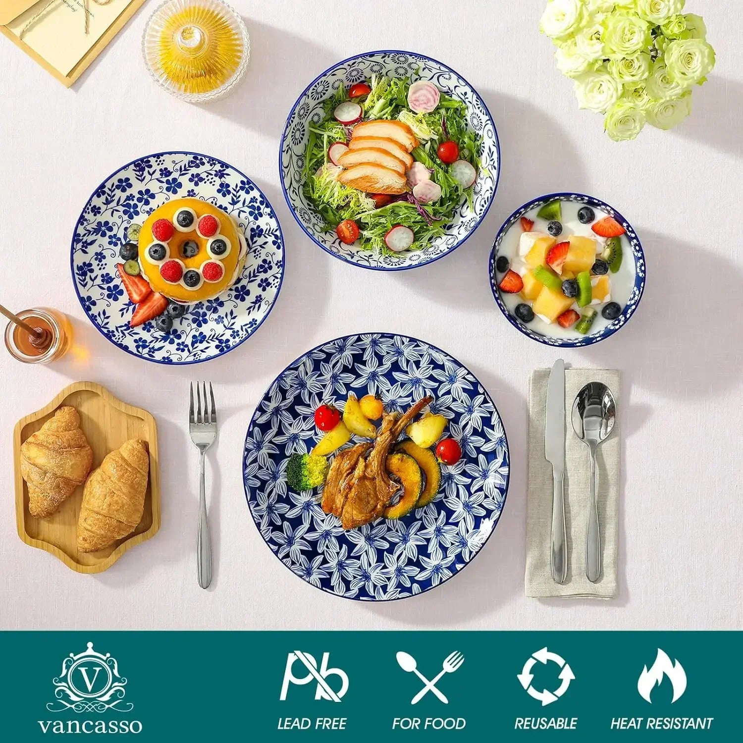 Plates and Bowls Set for 6, 24 Pieces Dinnerware Sets, Mircowave and Dishwasher Safe Dishes Set, Porcelain