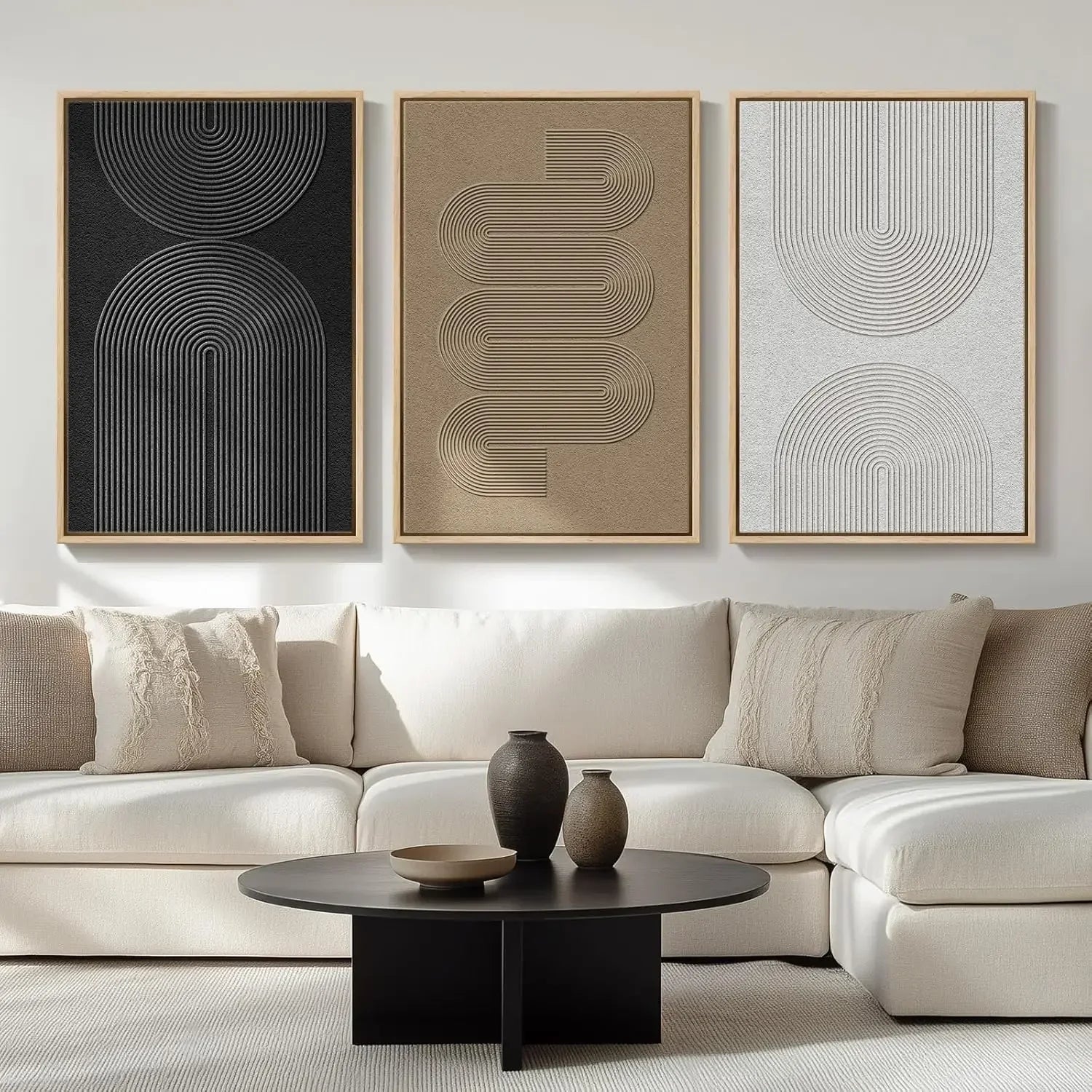 Large Framed Black and White Neutral Abstract Wall Art  3 Piece Boho Canvas Prints