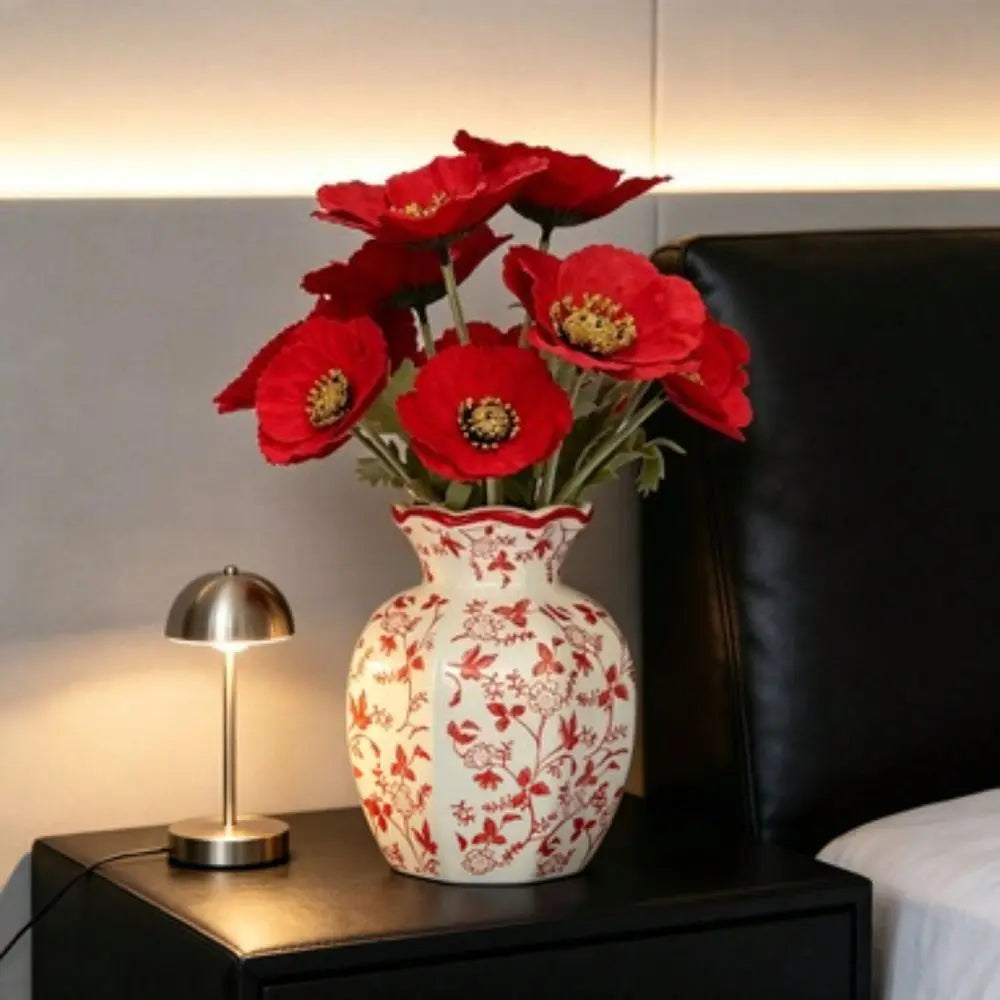 Poppies In Red And White Floral Vase, 11.5 ,