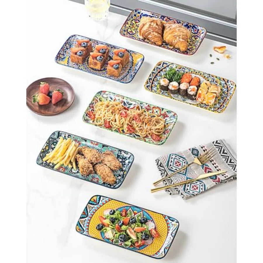 Boho Ceramic Dinner Plates Large Rectangular Set of 6 for , Microwave and Dishwasher