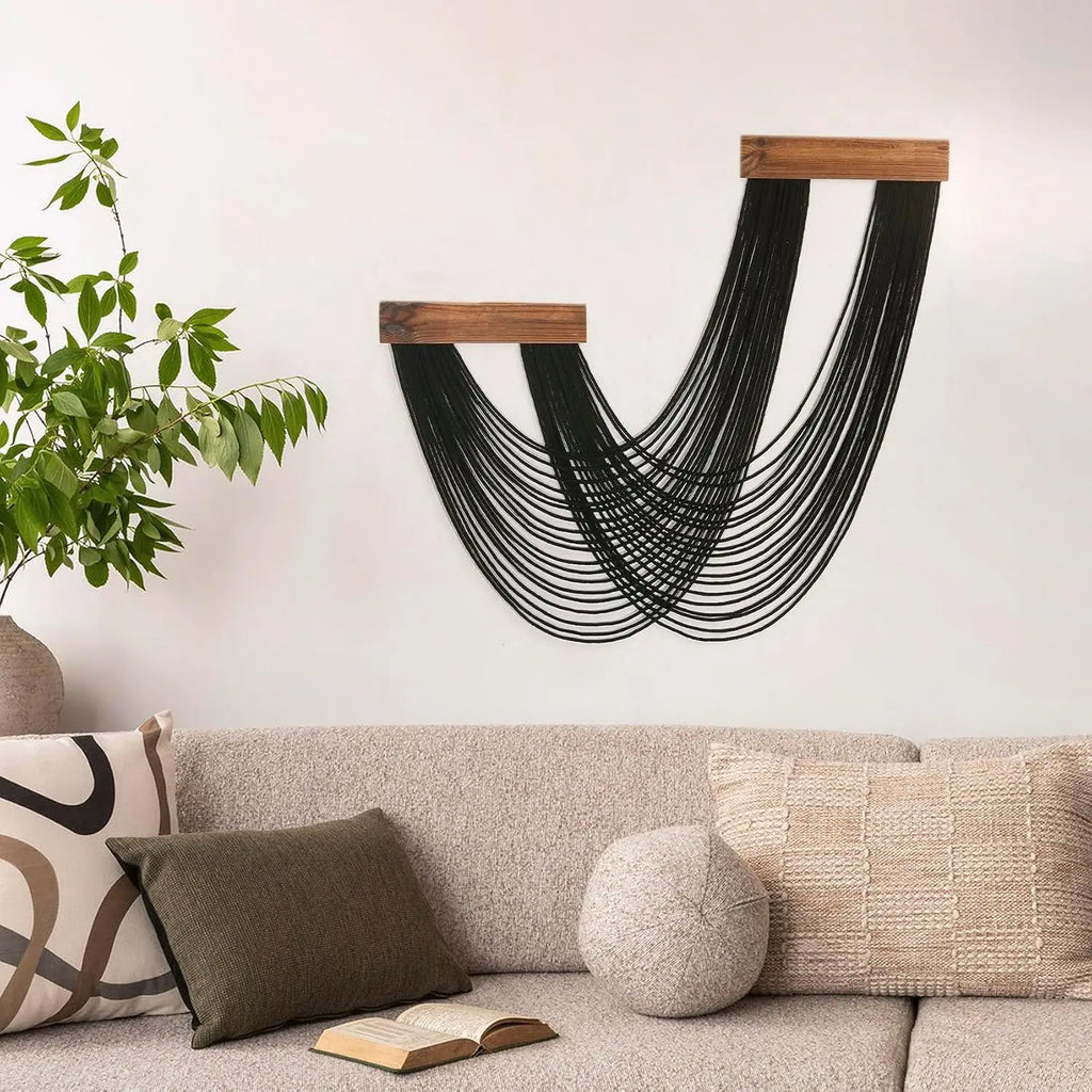 Black Macrame Wall Hanging, Boho Tapestry Woven Wall Art 12x25 Inch
