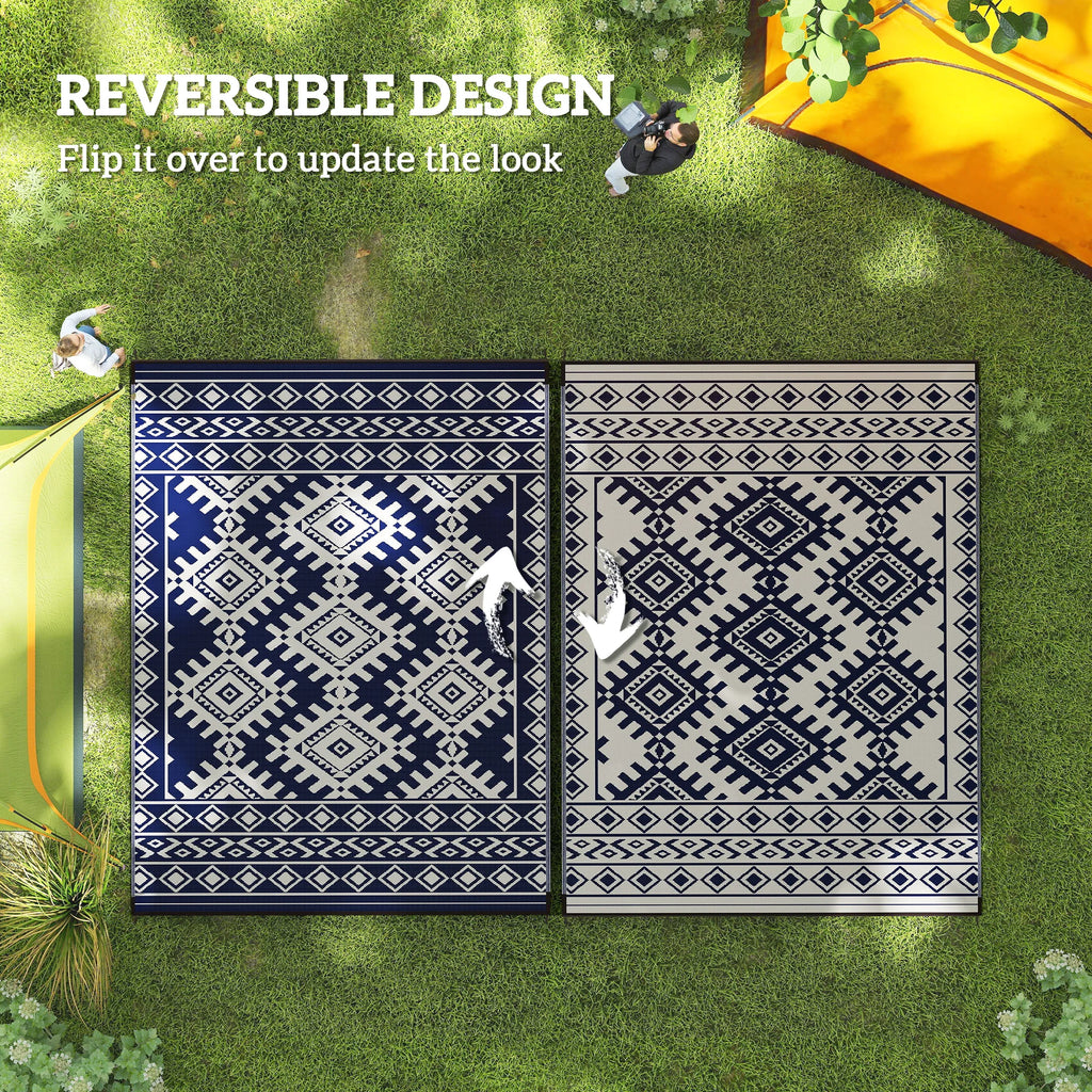Outdoor Rug, 9' x 12' Floor Mat, Blue White Rhombus Border