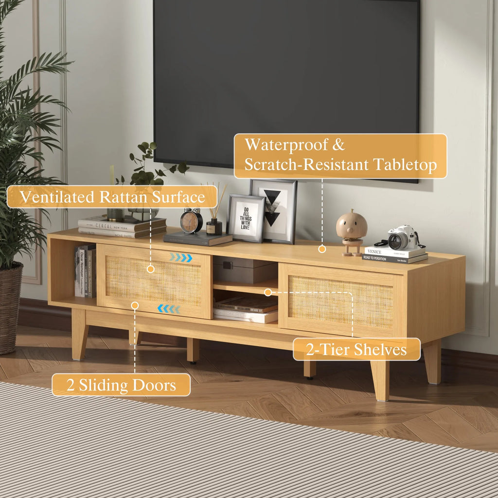 Boho TV Stand for 55 65 Inch TV, Rattan Entertainment Center with Shelves, Cabinets and Sliding Doors, cord holes