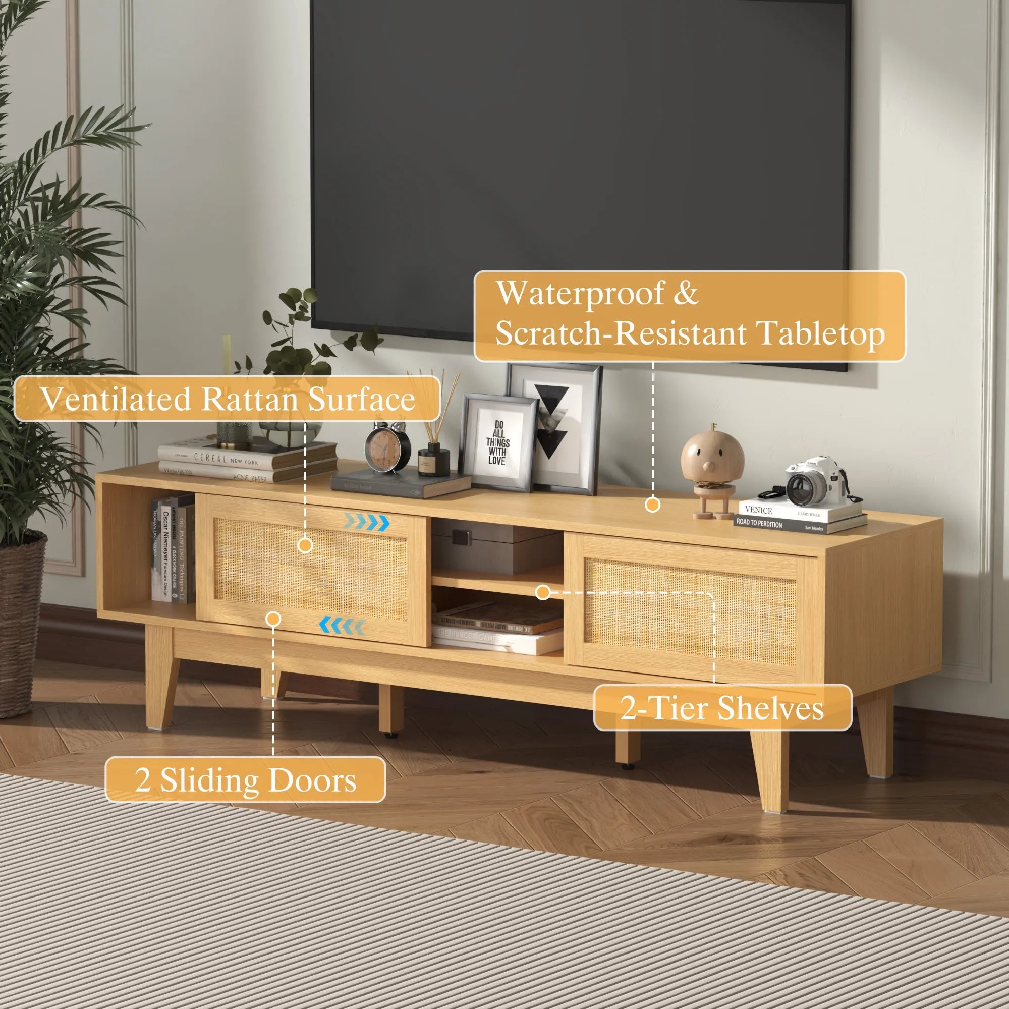 Boho TV Stand for 55 65 Inch TV, Rattan Entertainment Center with Shelves, Cabinets and Sliding Doors, cord holes