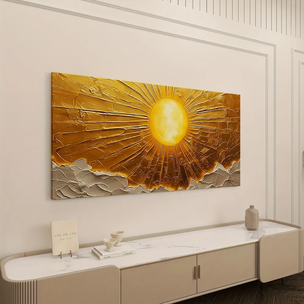 Large abstract sun canvas wall art with 1.5" pine frame