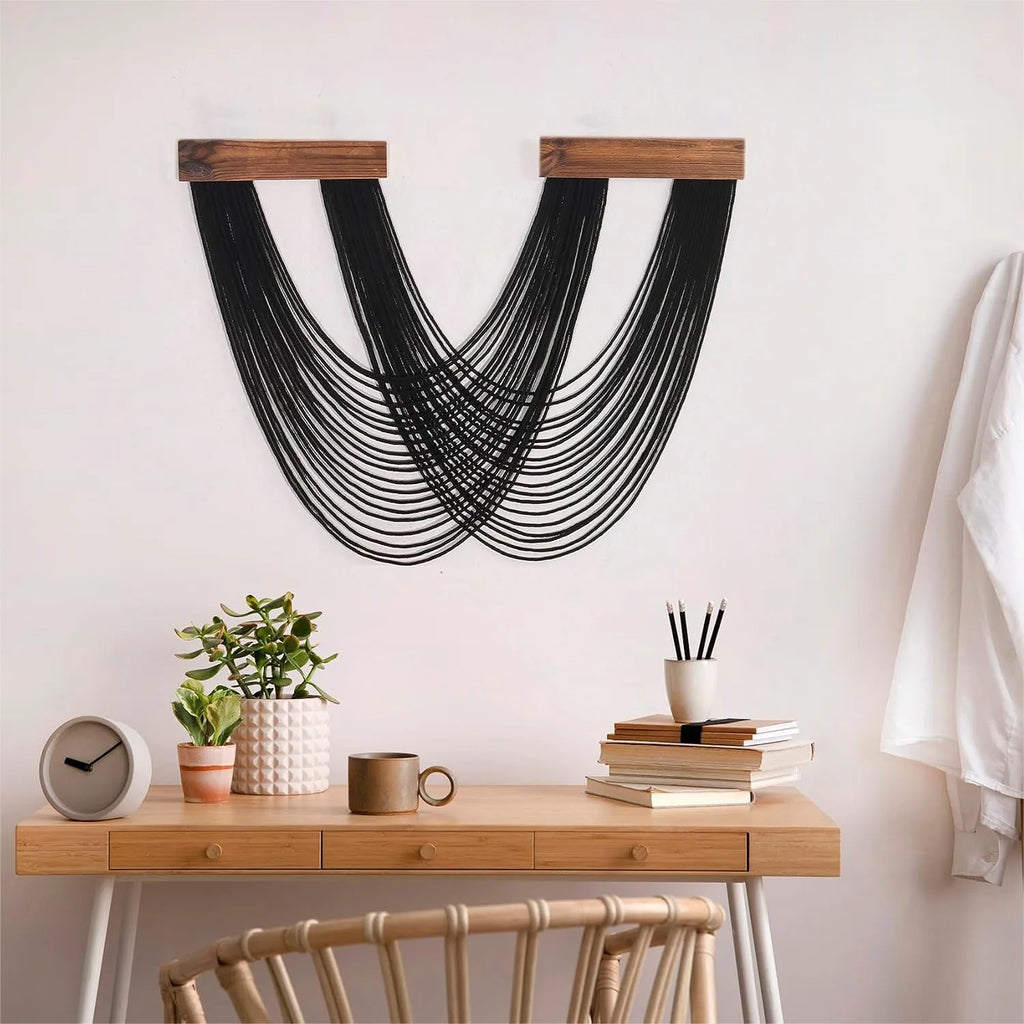 Black Macrame Wall Hanging, Boho Tapestry Woven Wall Art 12x25 Inch
