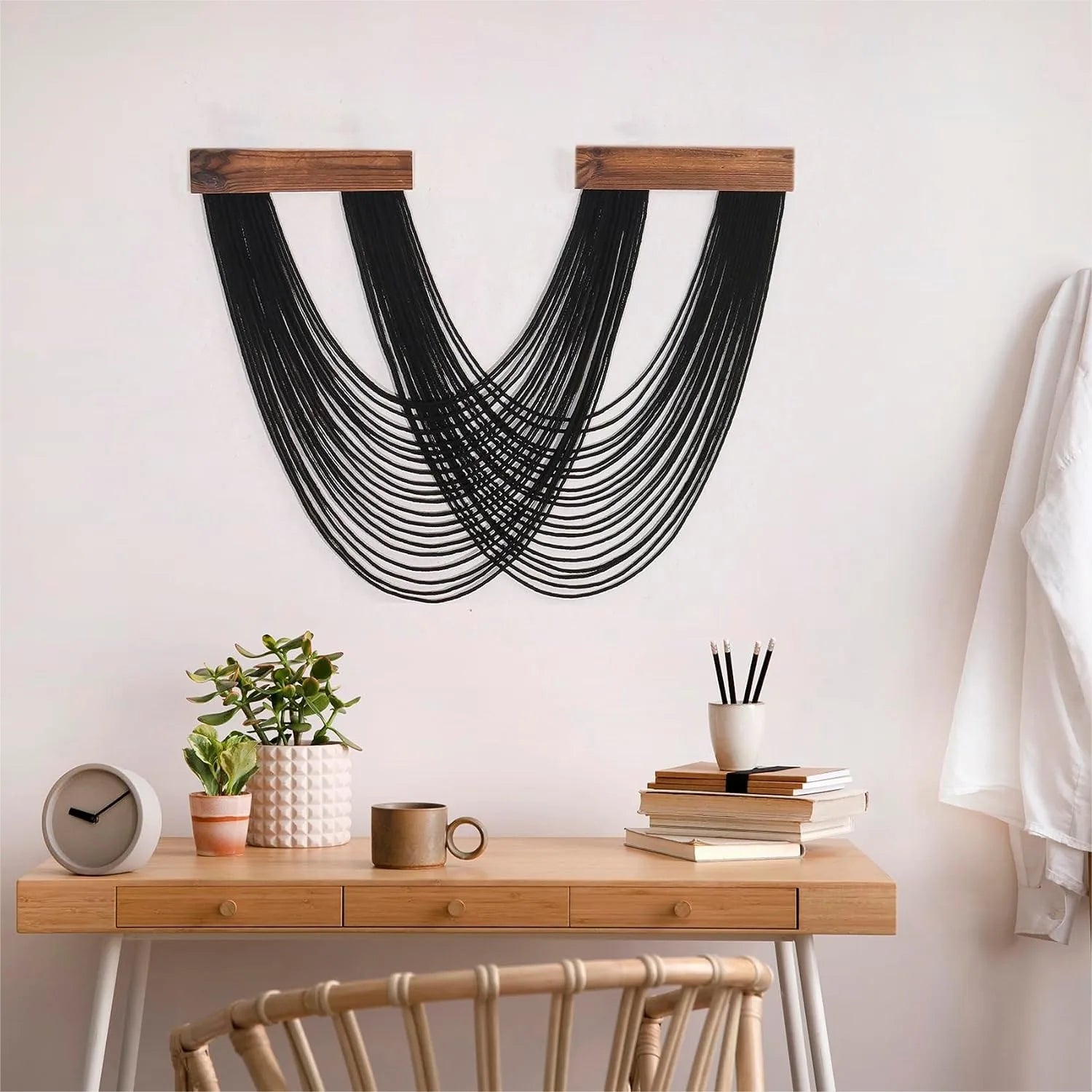 Black Macrame Wall Hanging, Boho Tapestry Woven Wall Art 12x25 Inch