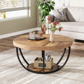 31.7" Round Table, Industrial 2-Tier Circle with Storage Shelves, Modern Wooden Accent Center Tab