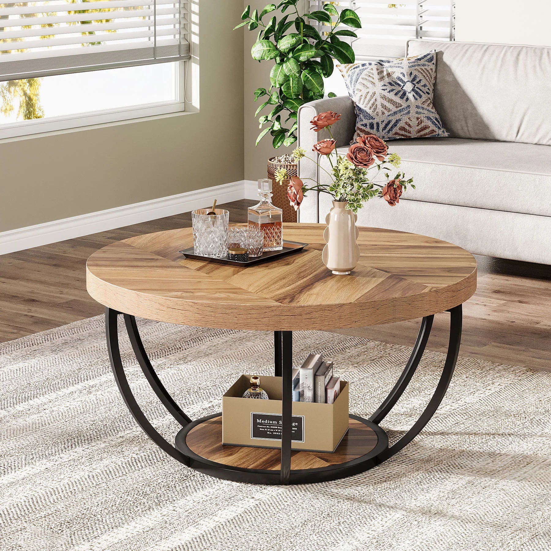 31.7" Round Table, Industrial 2-Tier Circle with Storage Shelves, Modern Wooden Accent Center Tab