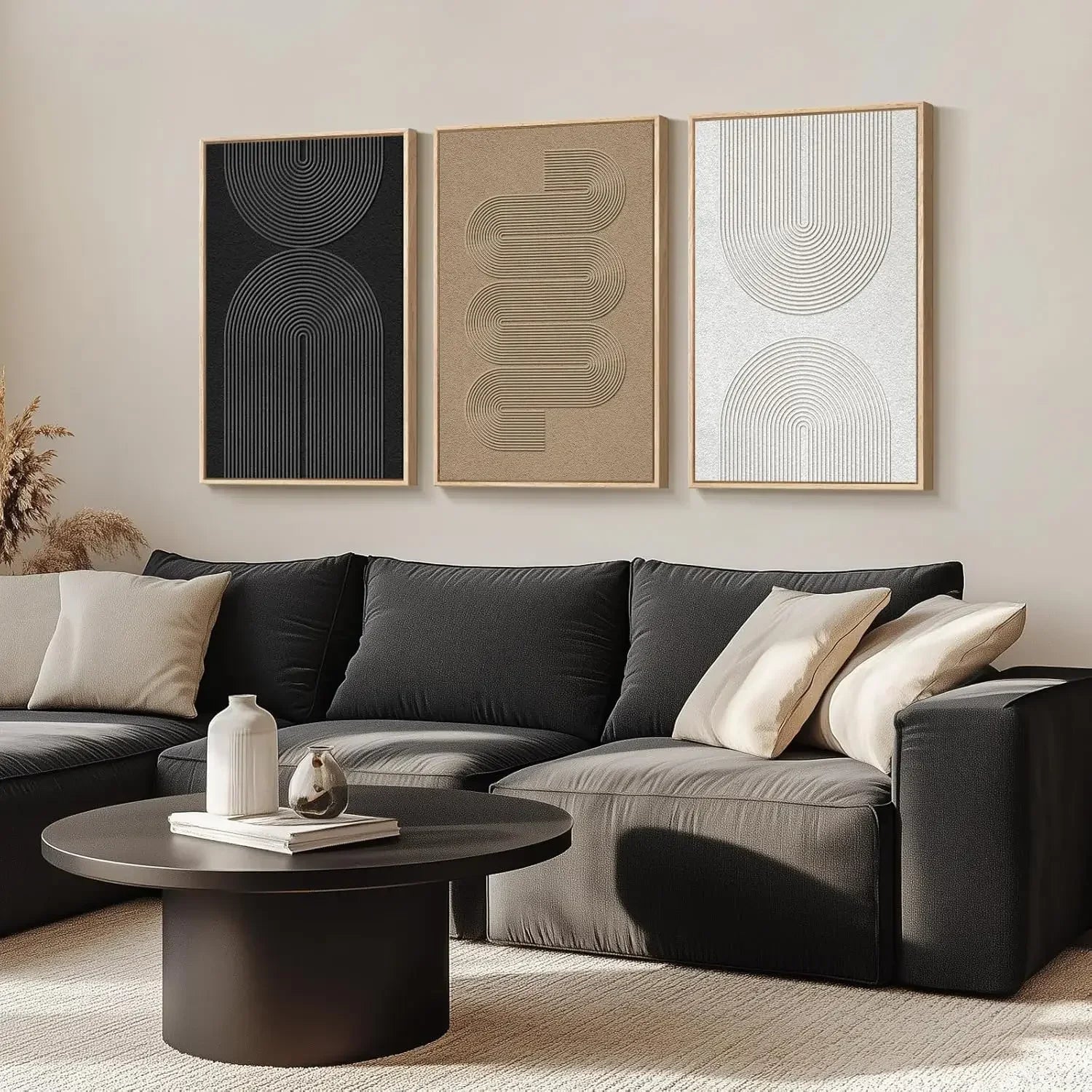 Large Framed Black and White Neutral Abstract Wall Art  3 Piece Boho Canvas Prints