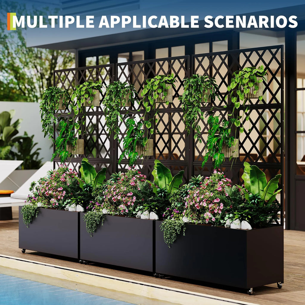 Galvanized Steel Raised Garden Bed With Trellis Privacy Screen, Locking Wheels & Drainage, Rolling Planter