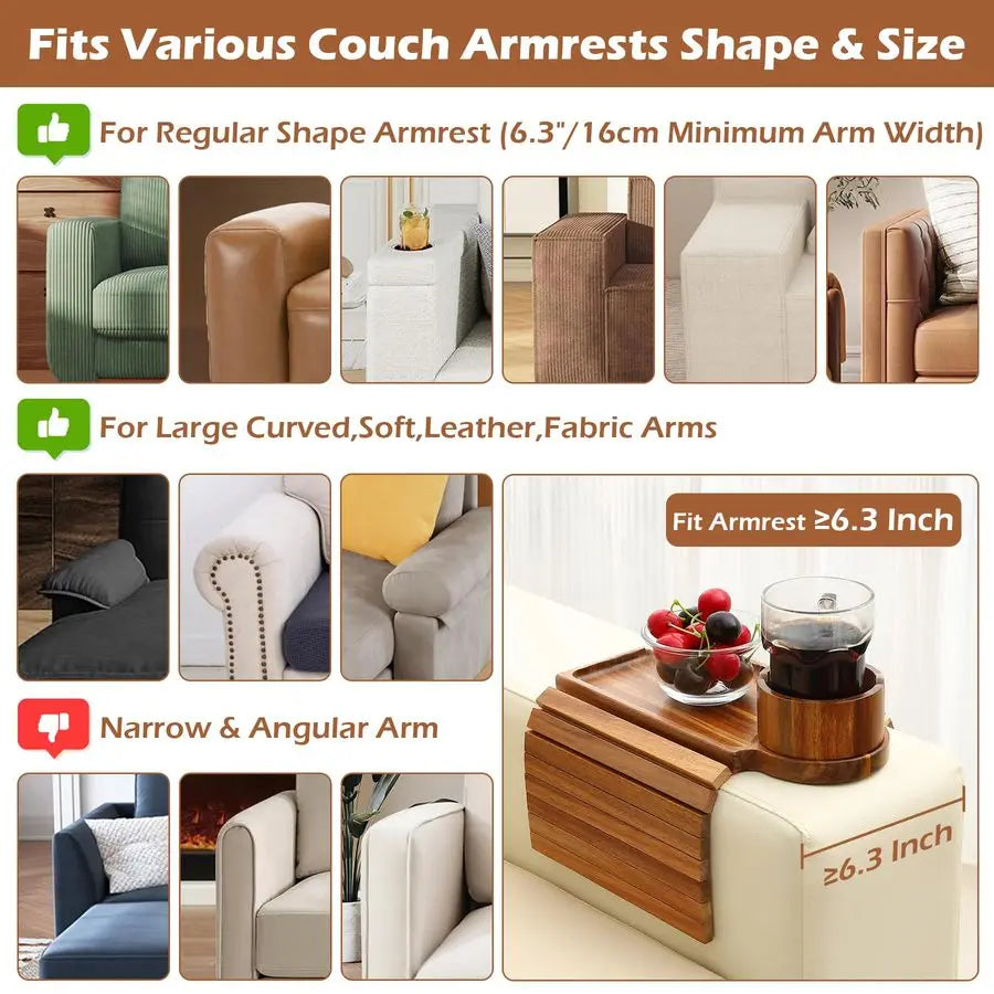 Acacia Foldable Wood Couch Armrest Table with 360 Rotated Phone Holder, 18.99  Anti-Slip