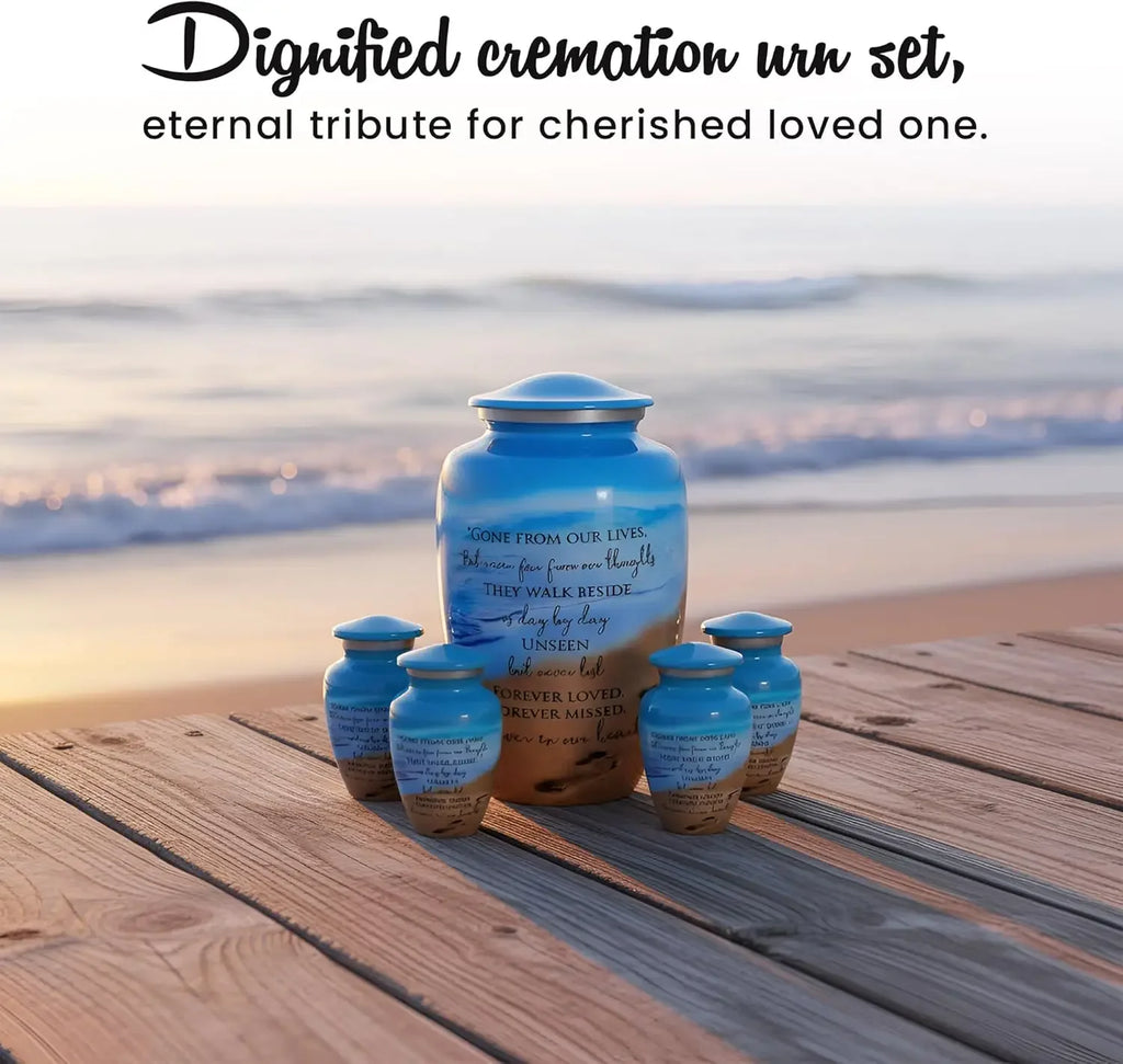 Eco-Friendly Ocean Blue Cremation Urn for Ashes for Humans with 1 Lg Urn (220 lbs), 4 Sm Urns & 2 Ash Pendants