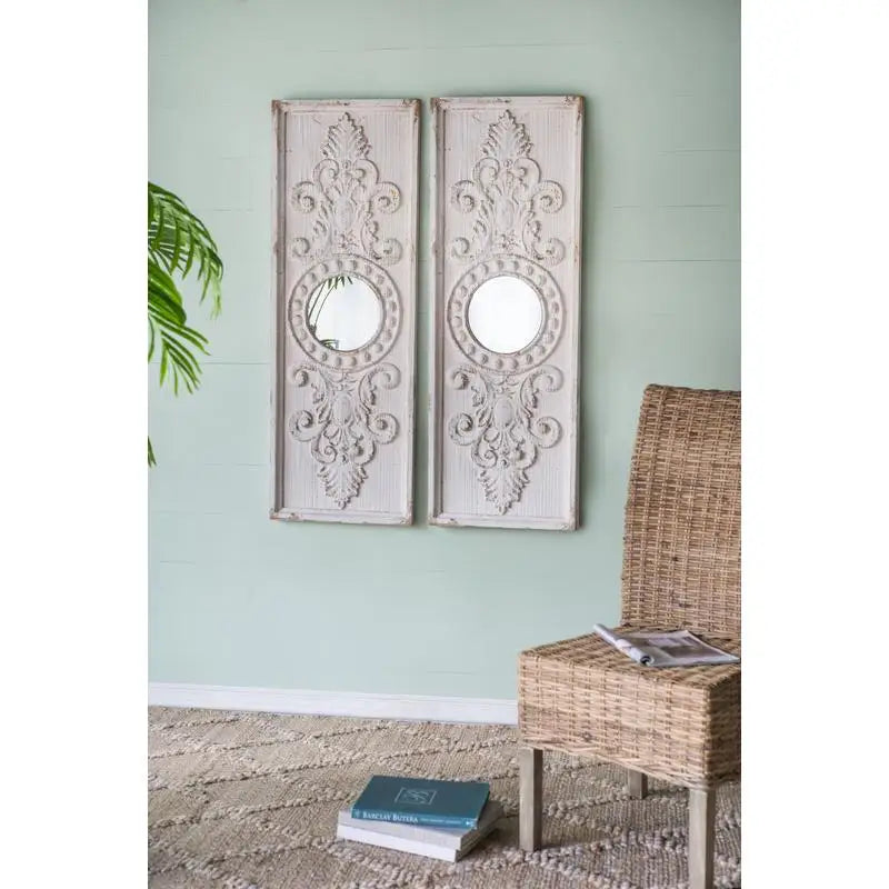 Set of 2 Large Wooden Wall Art Panels with Distressed White Finish & Round Mirror Accents, 17" x 48" Decorative Wall Decor