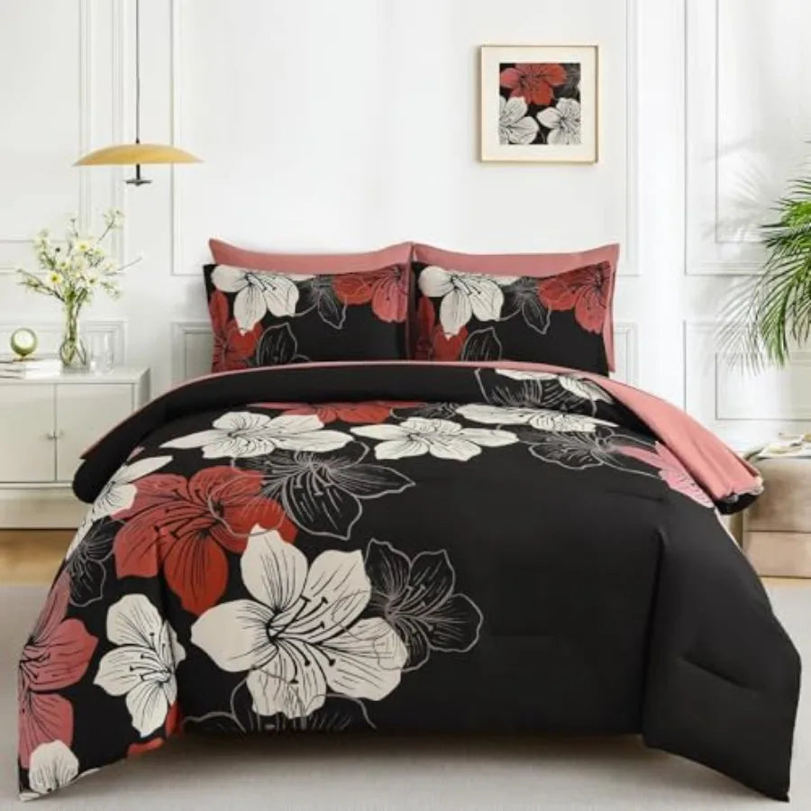 Floral Comforter Set Size, 7 Pieces Bed in a Bag Floral Comforter and Sheet Set, Soft Microfiber