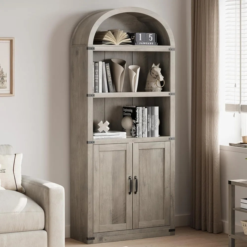 Tall Wooden Bookcase with Doors Arched Bookshelf 71.65in  Farmhouse Cabinet