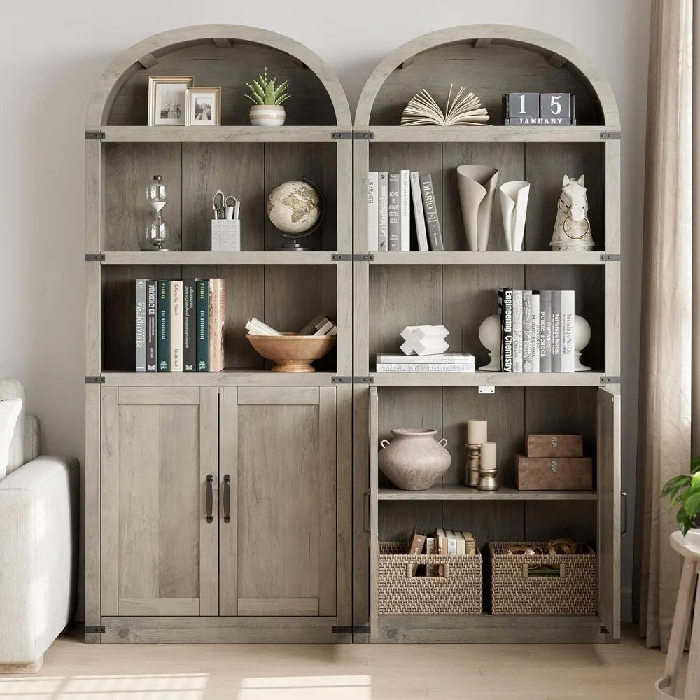 Tall Wooden Bookcase with Doors Arched Bookshelf 71.65in  Farmhouse Cabinet