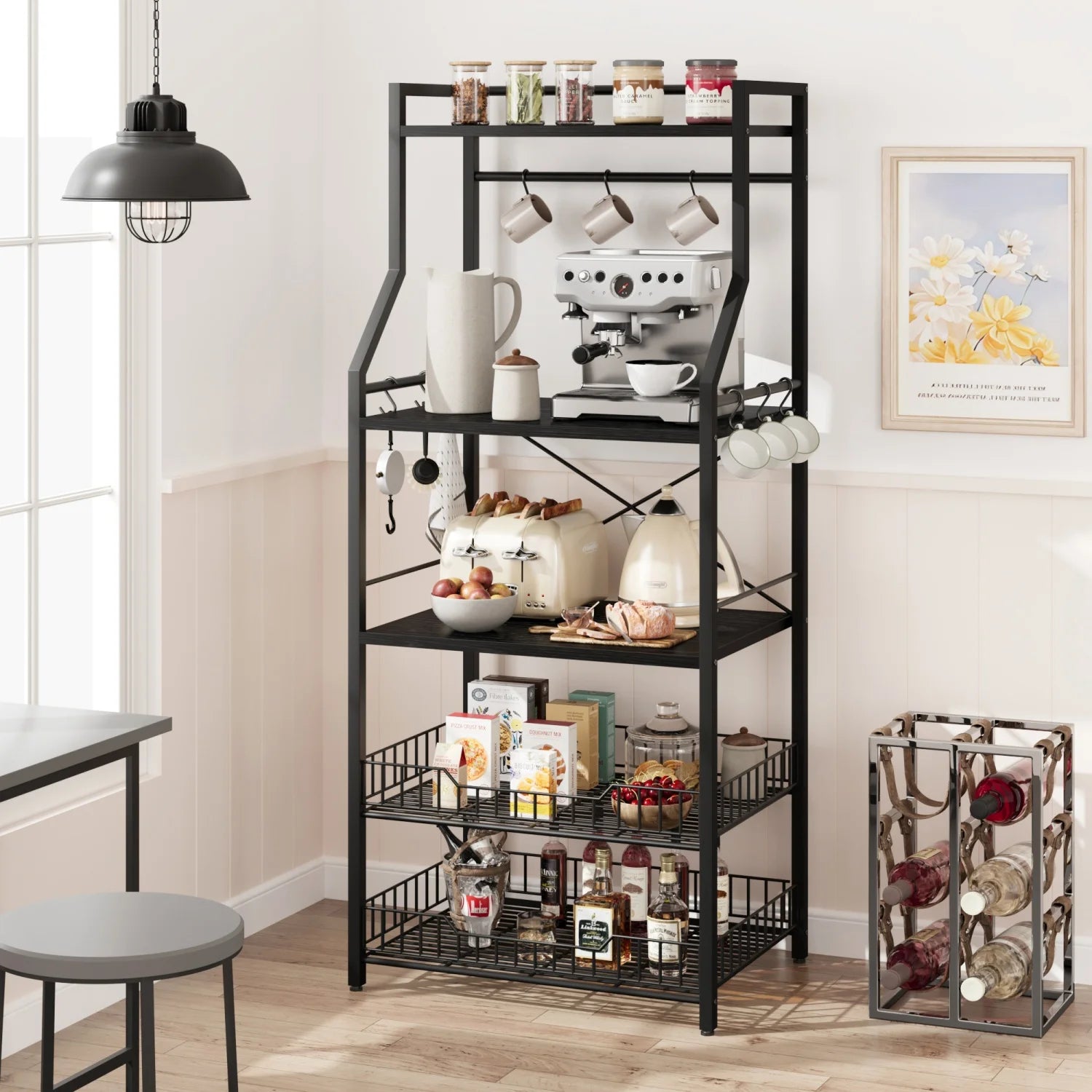 Kitchen Bakers Rack Microwave Oven Stand with 2 Large Wire Basket Industrial