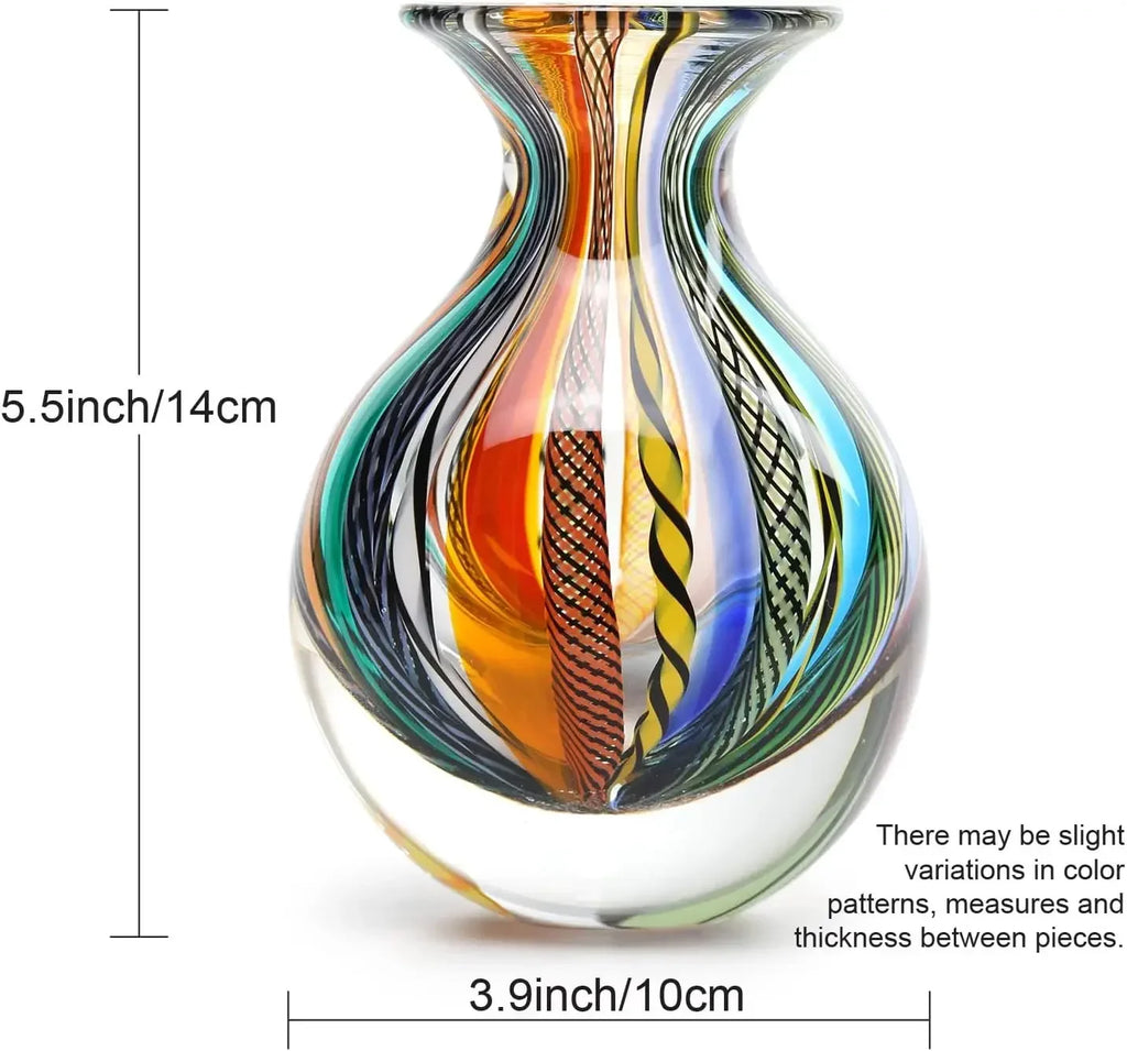 Pair Small Glass Vases Hand Blown Murano Style Art Glass Colored Canes Boho