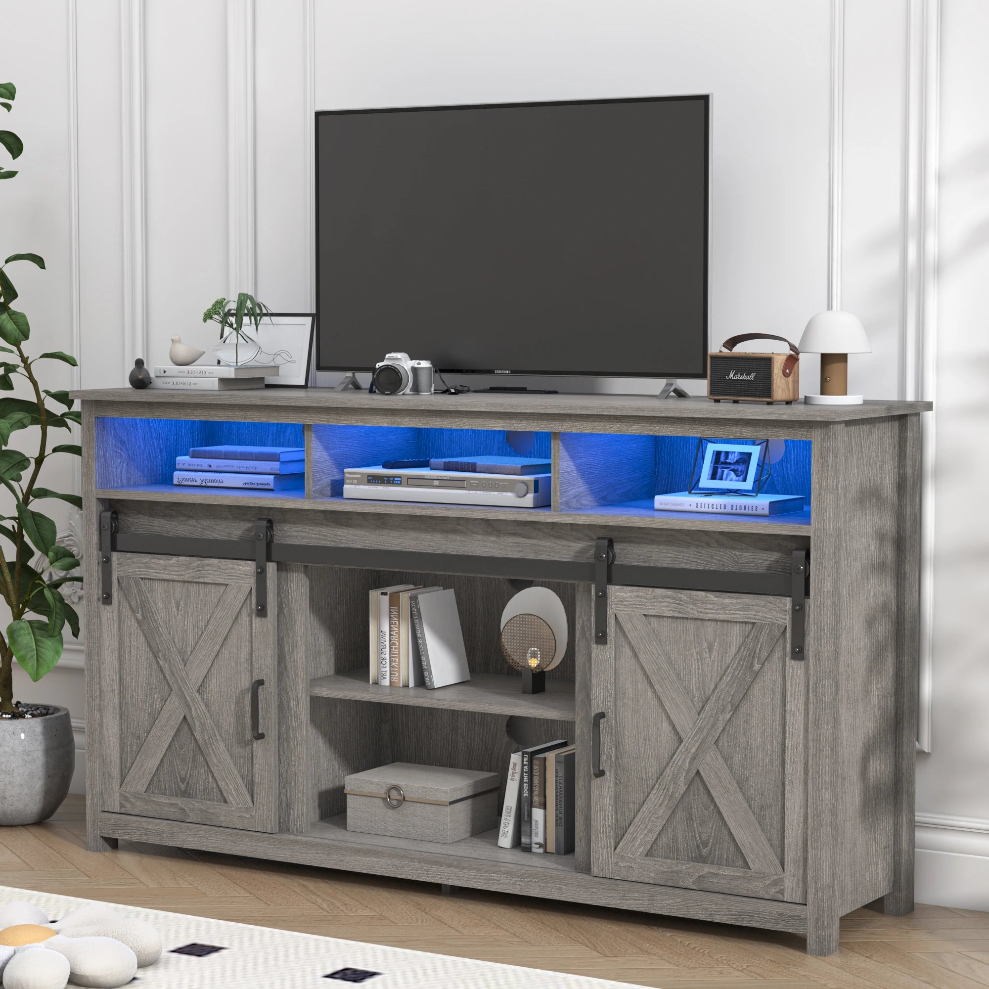 TV Stand Farmhouse Cabinet Rustic Sliding Barn Door Storage Cabinet with Power Outlet & LED Light