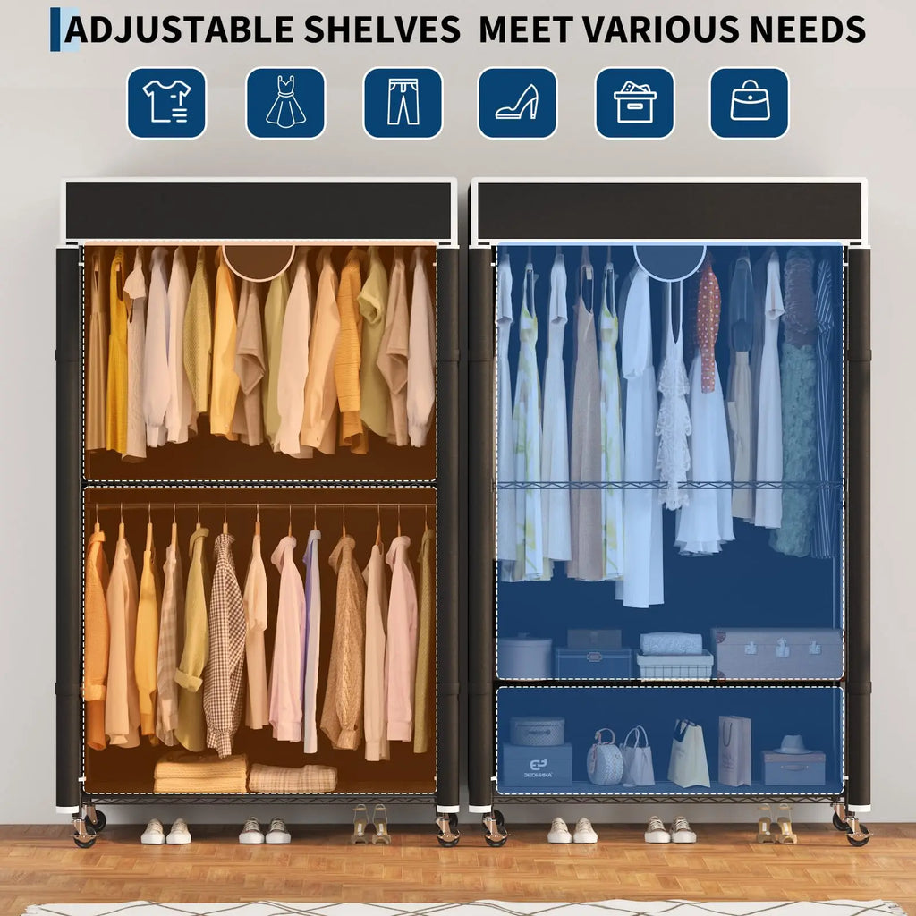 Heavy Duty Clothes Rack with Cover, 485LBS Capacity, Portable Closet Wardrobe on Wheels, Carbon Steel, Dustproof, Tool-Free Assembly