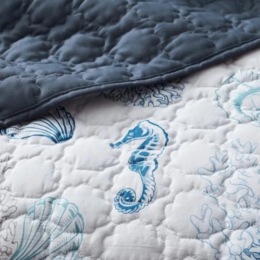 Cotton Coastal Quilt Set Shell Stitched Quilting Reversible with 2 Shams, Nautical Beach Lightweight